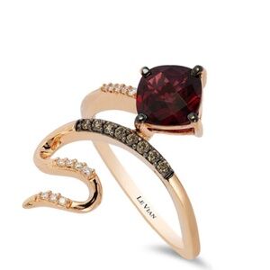 LeVian 14k Gold 1 1/4 Raspberry Choc Rhodolite Diamond Snake Swirl Ring Size 6.5